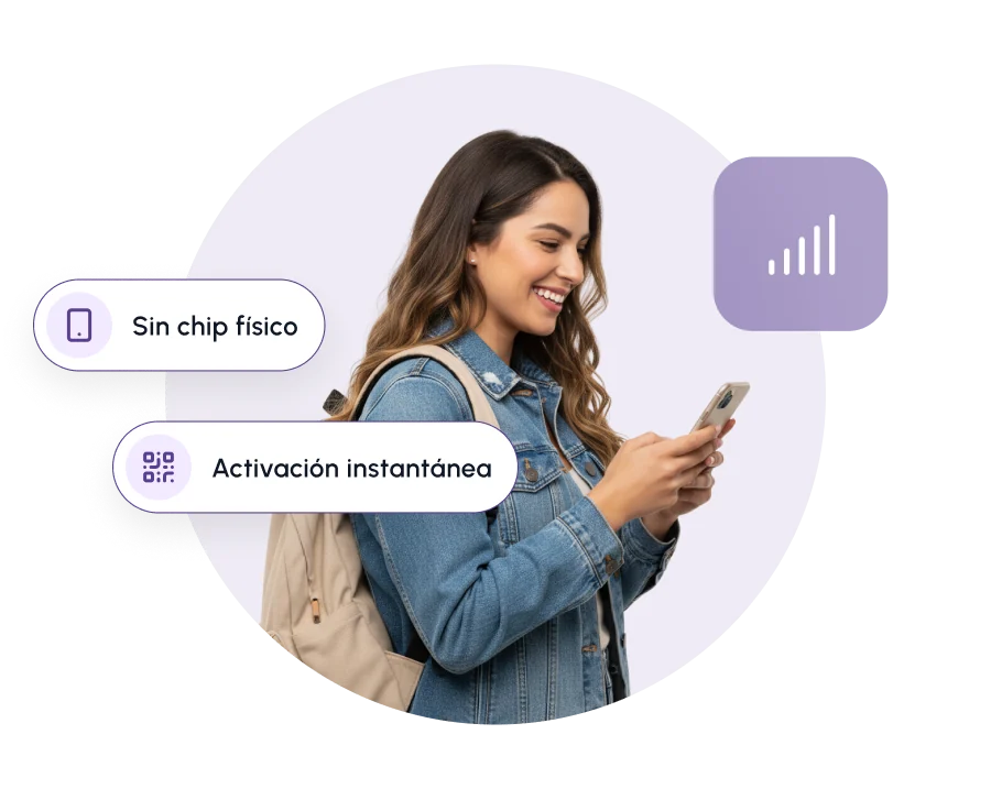 Una viajera usando su eSIM: sin chip físico y con activación instantánea.